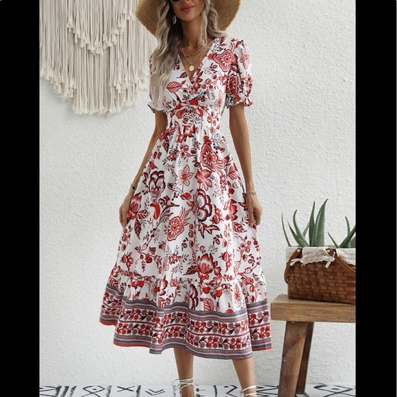 Boho Bohemian Gypsy Floral Print Puff Sleeve Surplice Neck Dress - Picture 6 of 7